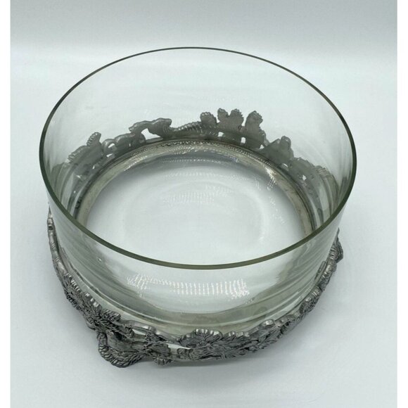 Birds & Pinecones Pewter Glass Large 9” Footed Bowl Centerpiece Votive Nature - Picture 7 of 12